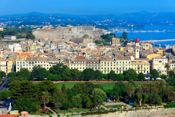 Aerial view from Old fortress on the city with  New Fortress, Kerkyra, Corfu island, Greece